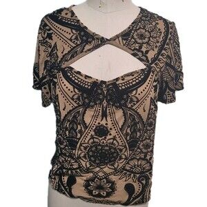 Shein Curve Sheer Top Womens 1XL Brown Black Peek A Boo Chest Embellished  Shirt